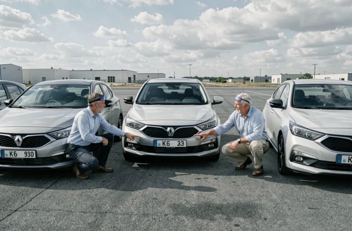 Ingénieurs comparant des modèles alternatifs à la Renault R1 sur un site d'essai automobile professionnel