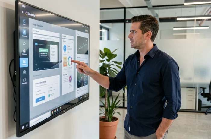 Professionnel masculin présentant des innovations UX et des tendances web 2024 sur un écran interactif tactile en startup
