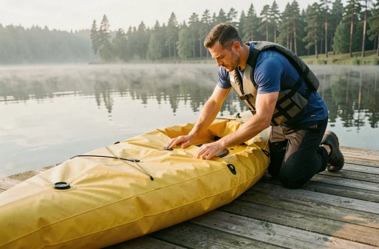 Homme inspectant un kayak gonflable jaune sur un ponton en bois au bord d'un lac calme