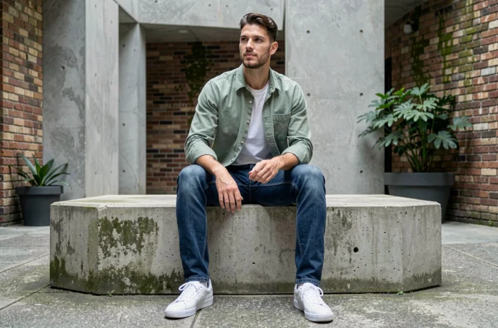 Homme en tenue décontractée tendance assis dans une cour urbaine, inspiration style quotidien masculin
