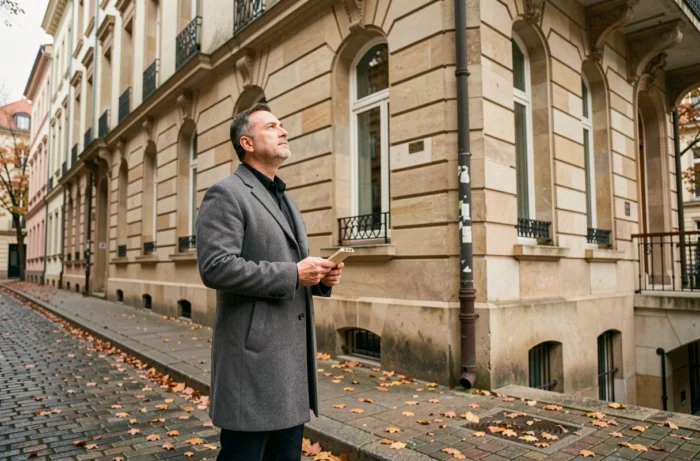 Investisseur immobilier inspectant un immeuble en pierre rénové dans une rue pavée en automne