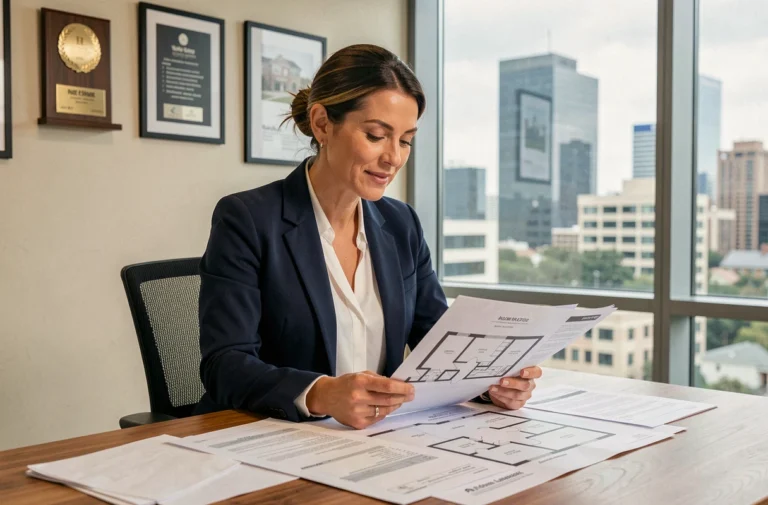 Investisseuse immobilière analysant des documents et plans de propriété dans un bureau professionnel moderne