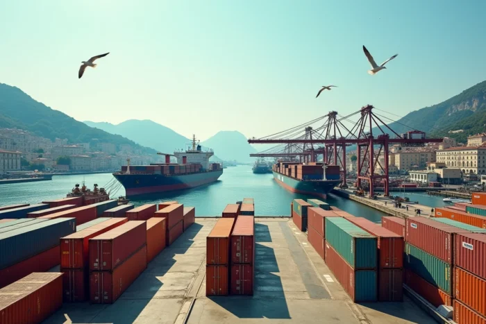 Port industriel de Gênes en Italie avec navires porte-conteneurs et grues portuaires, collines méditerranéennes visibles en arrière-plan, symbole de l'économie exportatrice italienne
