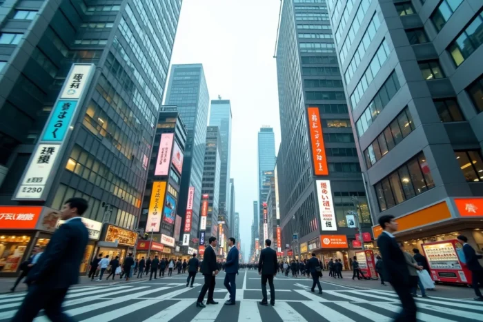Quartier financier de Shinjuku à Tokyo, gratte-ciels et piétons en tenues professionnelles aux carrefours animés, ambiance économique japonaise contemporaine