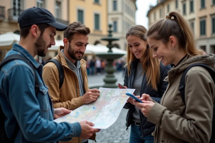 Groupe participant à un jeu de piste géolocalisé dans les rues de la vieille ville de Genève