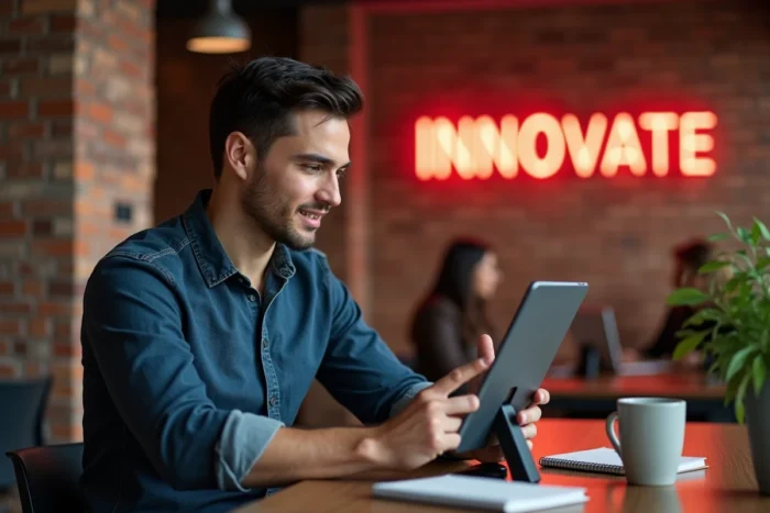 Jeune entrepreneur travaillant sur une tablette dans un espace de co-working tendance pour développer son entreprise