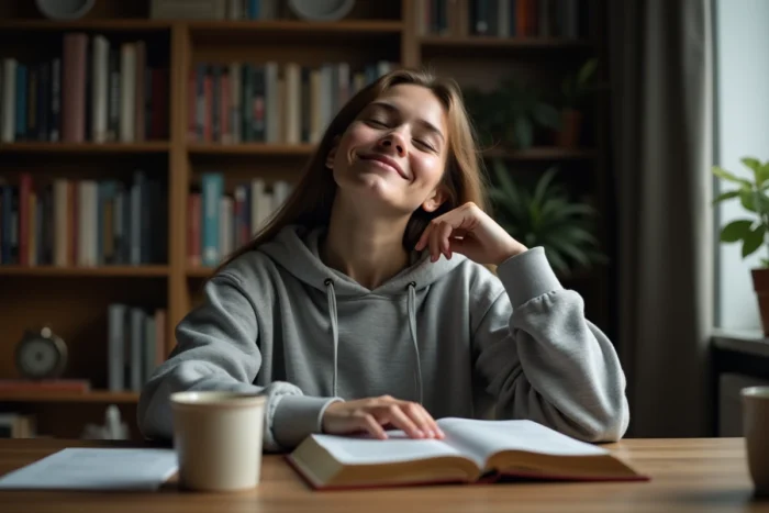 Jeune femme bâillant pendant sa prière personnelle à son bureau avec une Bible ouverte, illustration du baillement durant la prière