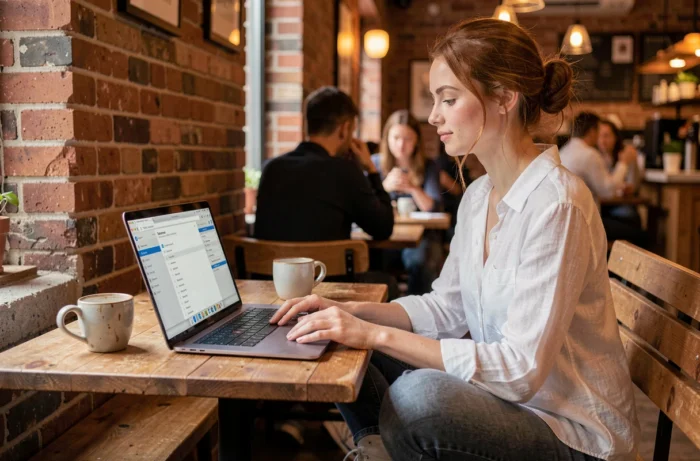 Jeune femme parcourant le plan du site d'un blog sur son ordinateur portable dans un café urbain chaleureux