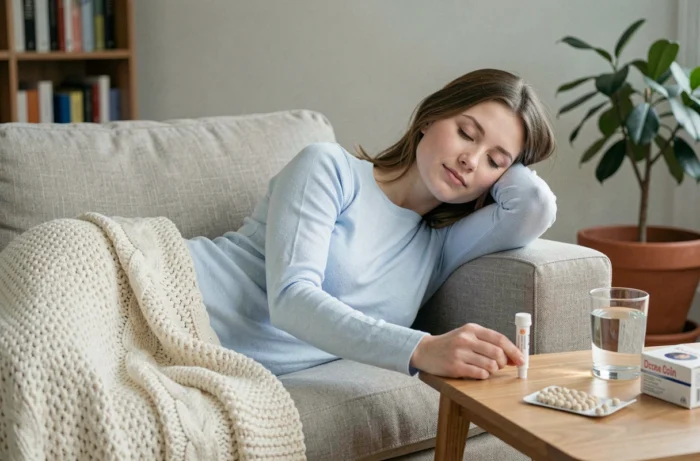Jeune femme se reposant sur un canapé avec des granules homéopathiques après une vaccination Covid