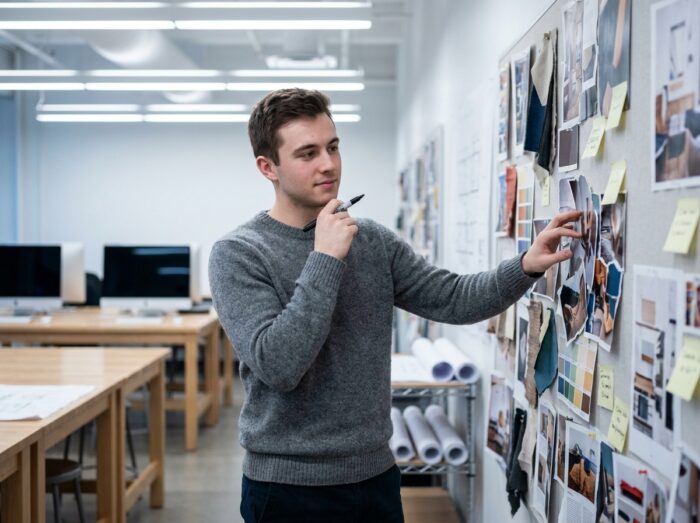 Giovane uomo in classe preparatoria per scuole d'arte in piedi davanti a un moodboard ricco di immagini, simbolizzando la costruzione di un progetto artistico personale