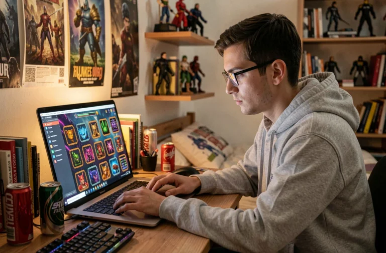 Jeune homme jouant à un jeu de navigateur sur ordinateur portable avec des graphismes pixel-art dans une chambre de gamer confortable