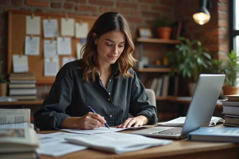 Journaliste indépendante analysant des articles de presse à son bureau avec journaux et ordinateur portable