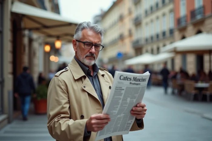 Hombre leyendo un periódico independiente al aire libre en una plaza urbana europea