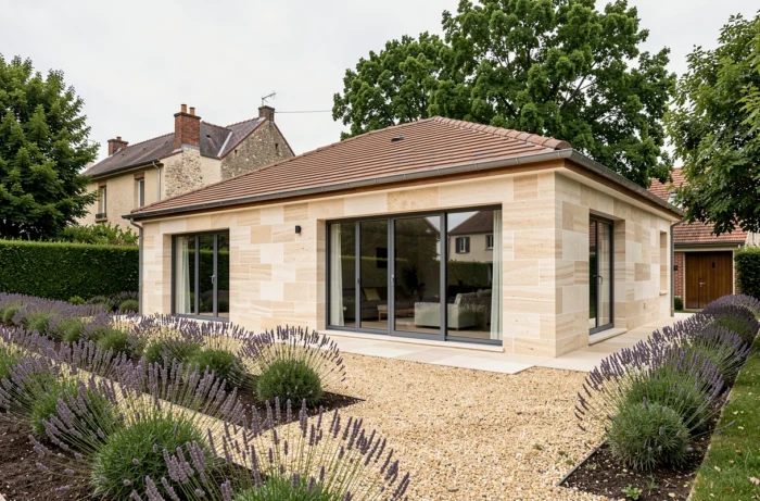 Maison individuelle moderne en pierre de Bourges avec jardin paysagé dans un quartier résidentiel