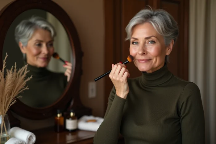 Femme mature appliquant un léger maquillage naturel devant son miroir pour sublimer sa beauté authentique