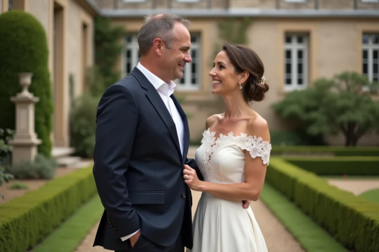 Couple élégant lors d'une cérémonie de mariage dans un jardin de château français