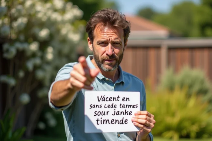 Homme pointant la caméra avec une expression comiquement sérieuse tenant un panneau écrit à la main avec une menace bienveillante