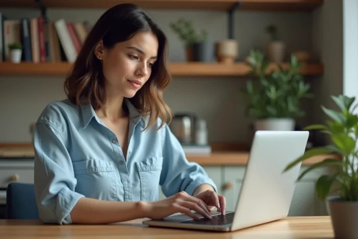 Mère cherchant une nounou fiable sur un site internet depuis sa cuisine