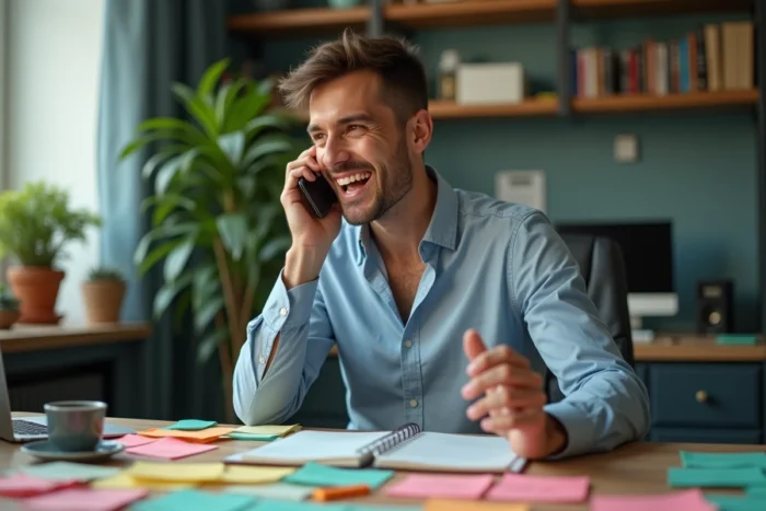 Homme en bureau enregistrant un message d'absence poussé à l'absurde entouré de post-its avec des excuses farfelues