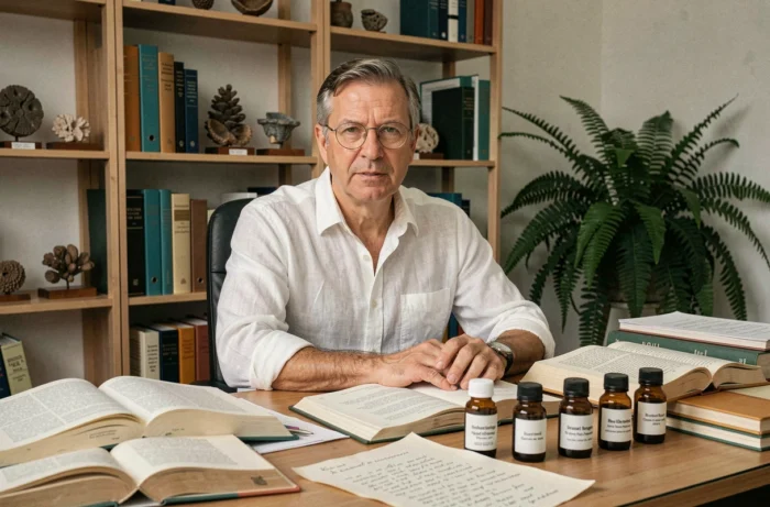 Naturopathe spécialisé en homéopathie et isothérapie dans son cabinet de consultation avec des remèdes