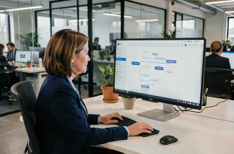 Femme professionnelle naviguant sur le plan du site Paris Saclay Invest depuis un bureau moderne en open space