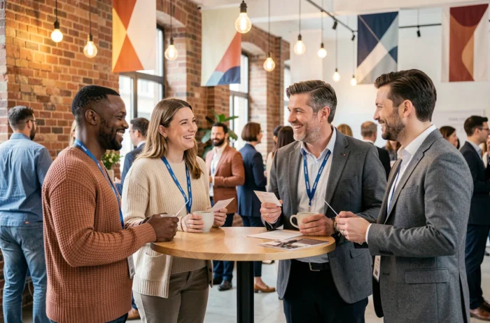 Professionnels échangeant des cartes de visite lors d'un événement de networking B2B dans un espace co-working convivial
