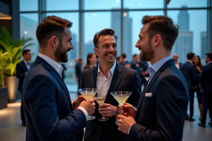 Professionnels en networking lors d'une réception de gala corporate dans un espace événementiel moderne avec vue sur la ville