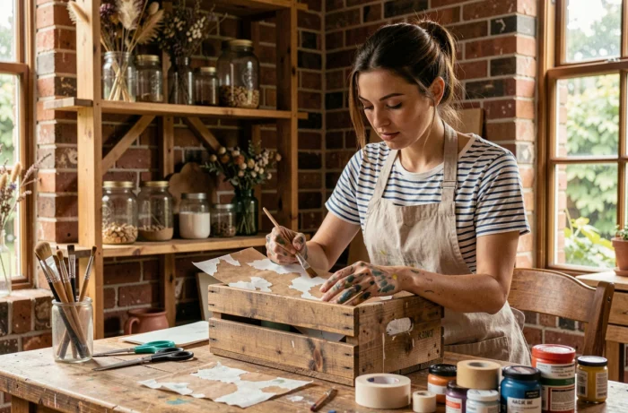 Femme artisane appliquant du papier de découpage sur une caisse en bois vintage dans un atelier créatif fait maison