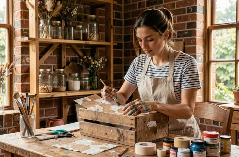 Femme artisane appliquant du papier de découpage sur une caisse en bois vintage dans un atelier créatif fait maison