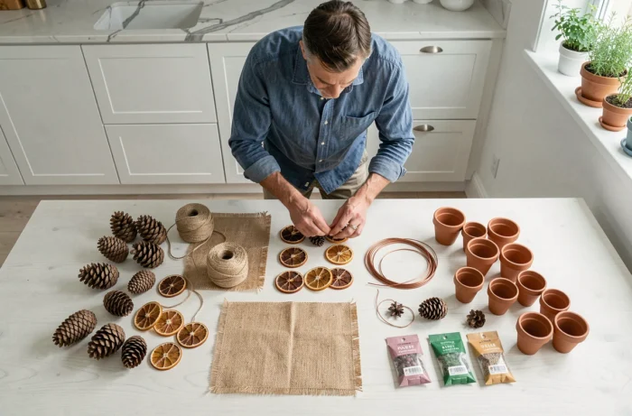 Homme arrangeant un flat lay de matériaux DIY saisonniers sur une table en bois dans une cuisine scandinave