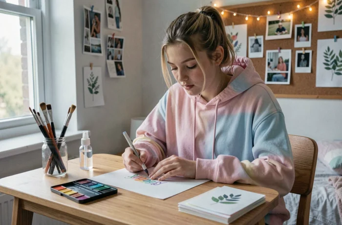 Adolescente pratiquant le hand lettering sur une carte personnalisée aquarelle dans sa chambre créative décorée
