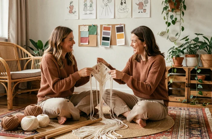 Deux femmes collaborant sur un projet de macramé dans un salon bohème décoré de plantes et de tapis vintage