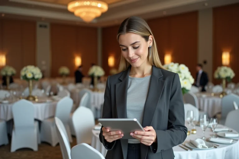 Organisatrice d'événements professionnels consultant une tablette dans une grande salle de conférence en cours de préparation