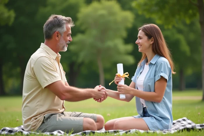 Deux adultes en tenues estivales se serrant solennellement la main dans un parc autour d'un pacte estival humoristique