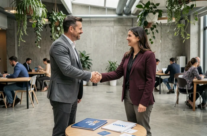 Deux professionnels B2B concluant un partenariat commercial avec une poignée de main dans un espace de coworking moderne