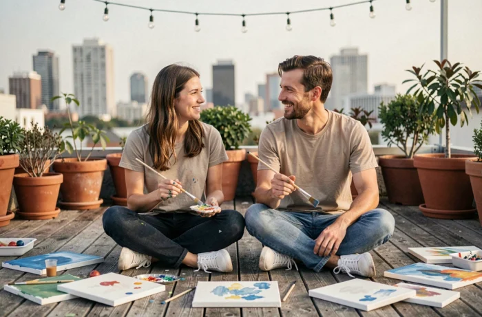 Deux amis peignant ensemble sur une terrasse urbaine en plein air, activité artistique conviviale et originale pour le temps libre