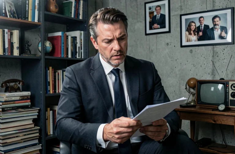 Acteur masculin étudiant un script dans un studio de production évoquant les grands personnages de séries TV commençant par B
