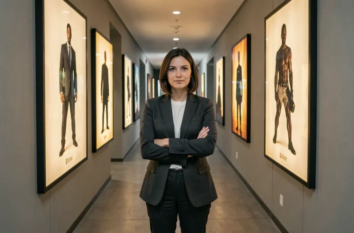 Femme debout dans un couloir urbain avec des affiches évoquant les célèbres personnages de séries commençant par la lettre B