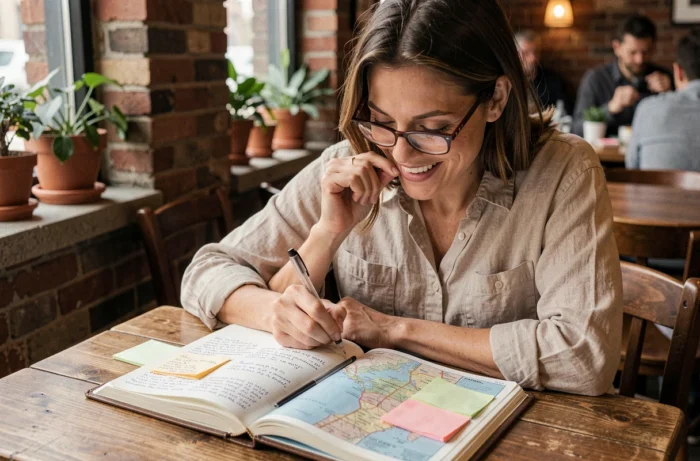 Femme planifiant son voyage de rêve dans un carnet de voyage dans un café chaleureux