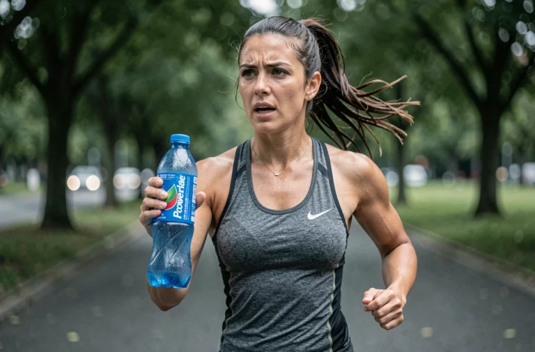 Femme sportive tenant une bouteille de Powerade pendant un jogging en plein air, comparaison boisson sportive vs soda pour la santé