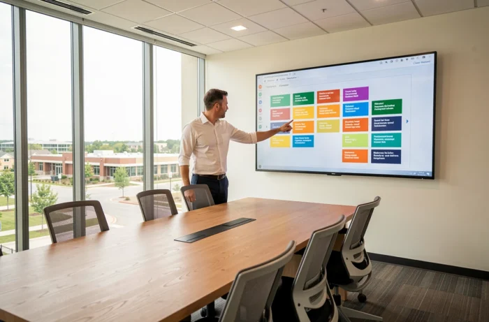 Professionnel présentant le plan de navigation du site Paris Saclay Invest sur un écran interactif en salle de réunion