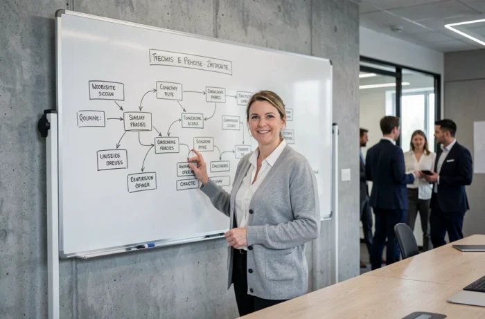 Femme présentant le plan du site Need Sun sur un tableau blanc dans un espace de travail collaboratif