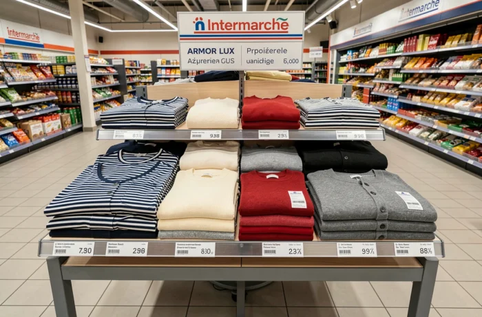 Display van Armor Lux-kleding in de textielafdeling van een Intermarché met marinières en gestreepte truien
