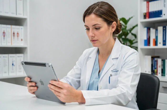 Professionnelle de santé utilisant une plateforme numérique de gestion de la douleur sur tablette dans un cabinet médical moderne