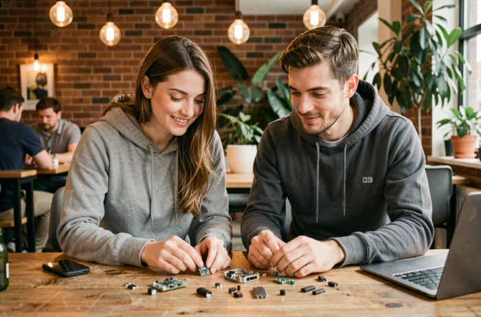 Deux jeunes professionnels examinant des composants électroniques d'un appareil connecté dans un espace de co-working créatif