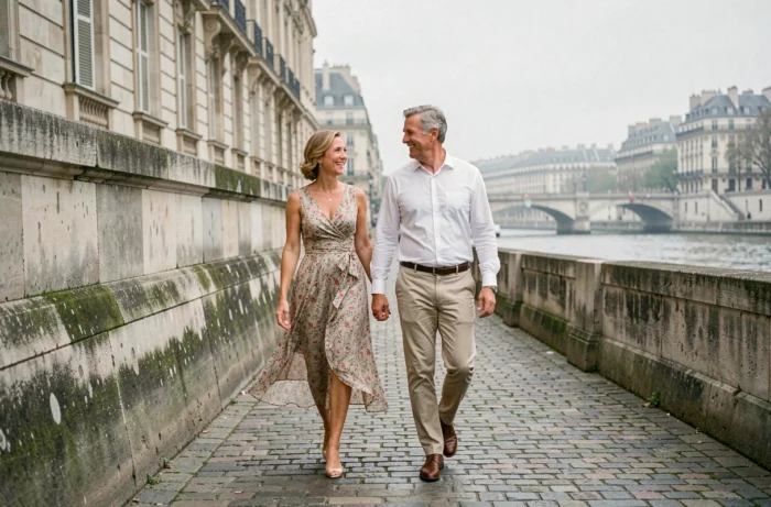 Casal se passeando romanticamente ao longo das margens do Sena em Paris