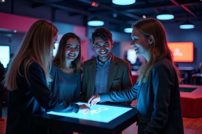 Équipe jouant dans un Quiz Room moderne à Lausanne avec buzzer et écran de questions