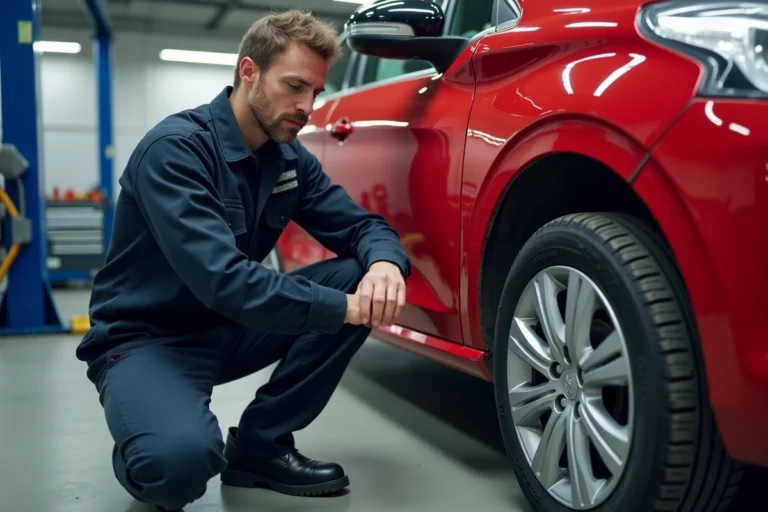 Technicien automobile professionnel réglant le parallélisme sur une Peugeot 208 rouge dans un garage moderne