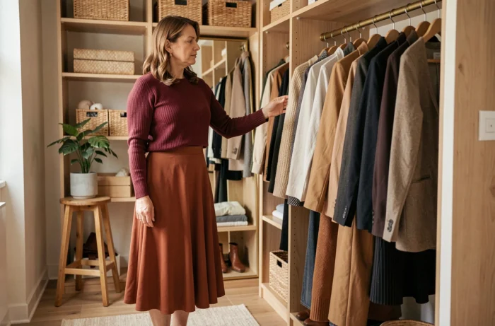 Femme stylée explorant sa garde-robe organisée à domicile, conseils pour réinventer son style vestimentaire au quotidien