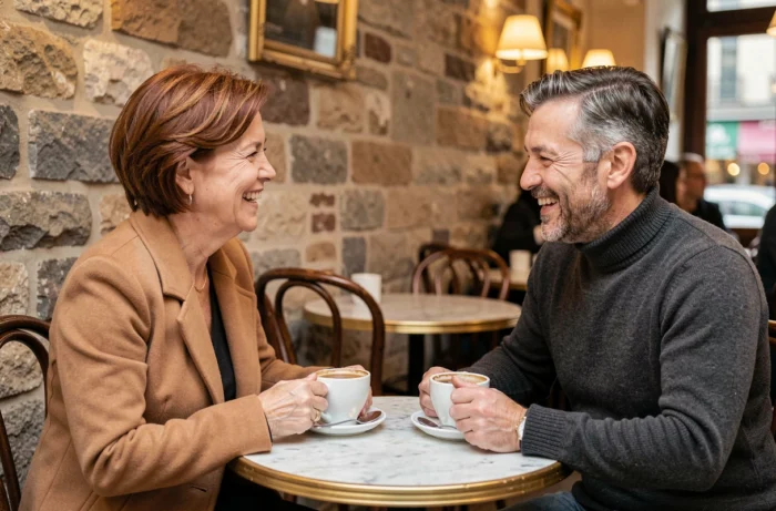 Mulher e homem compartilhando um café cúmplice em um bistrô parisiense acolhedor